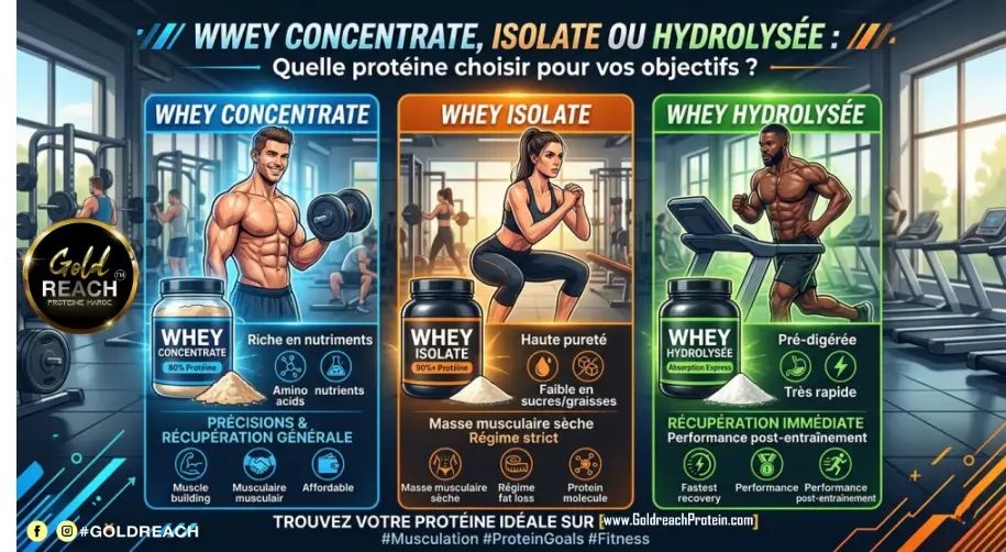 Whey Concentrate Isolate ou Hydrolysee golde reache maroc